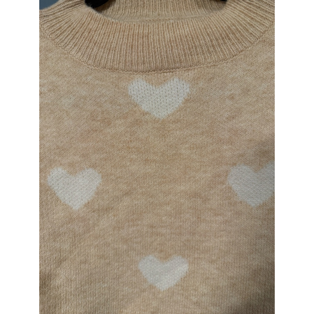 SHEIN Beige Sweater White Heart Print Size S US 4 Long Sleeve Knit - Picture 3 of 6